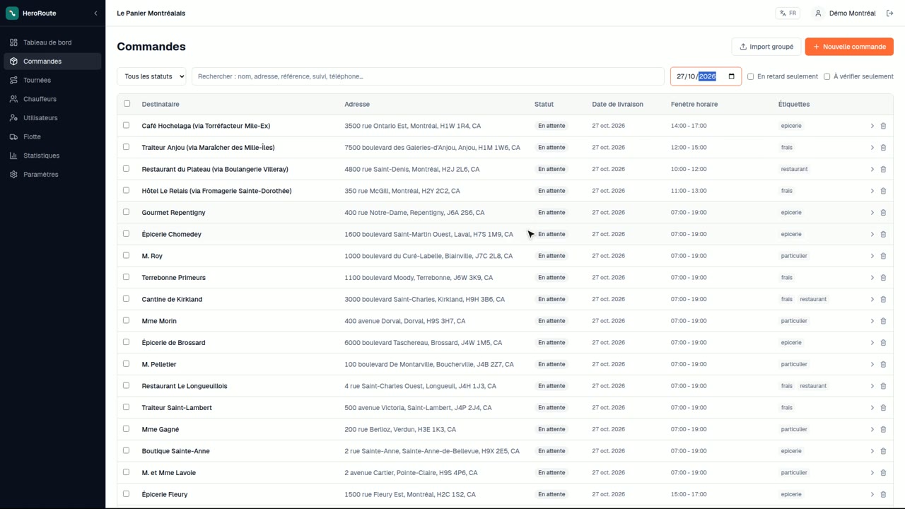 Liste des commandes et des adresses de livraison dans HeroRoute