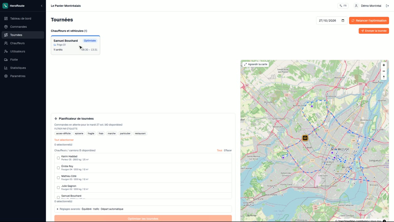 Vue de planification HeroRoute avec arrêts et tournées sur une carte