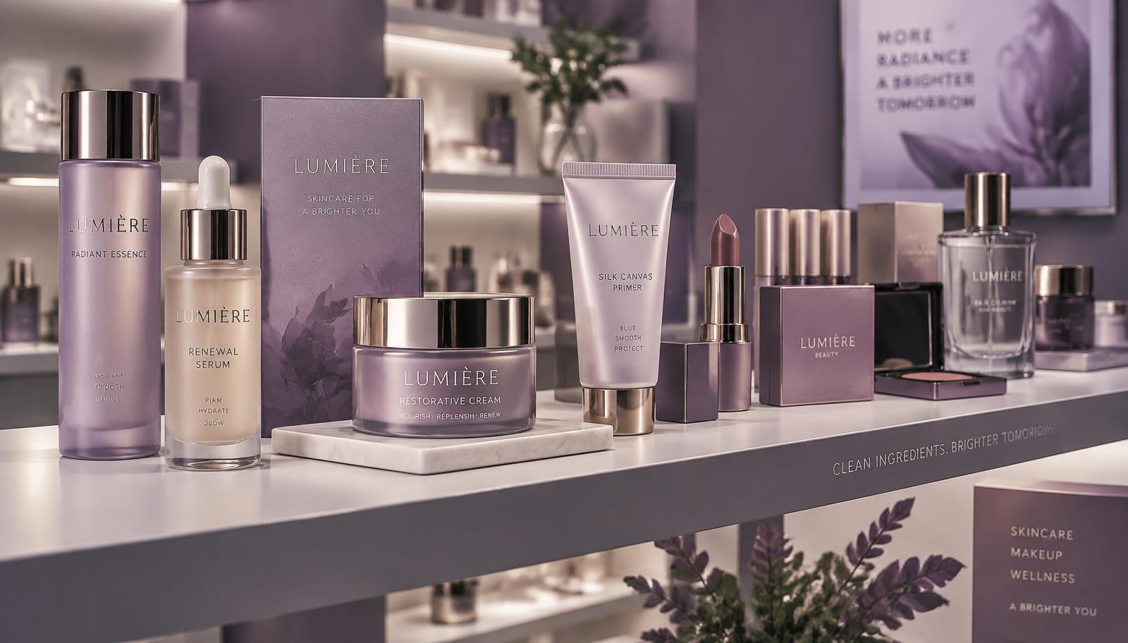 Produits de beauté et de soins de la peau présentés sur une étagère de salle d'exposition