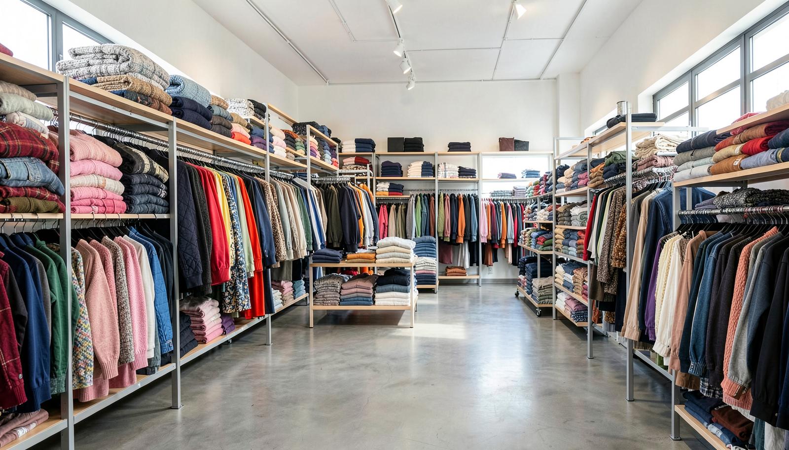 Racks of apparel in a fashion distribution warehouse