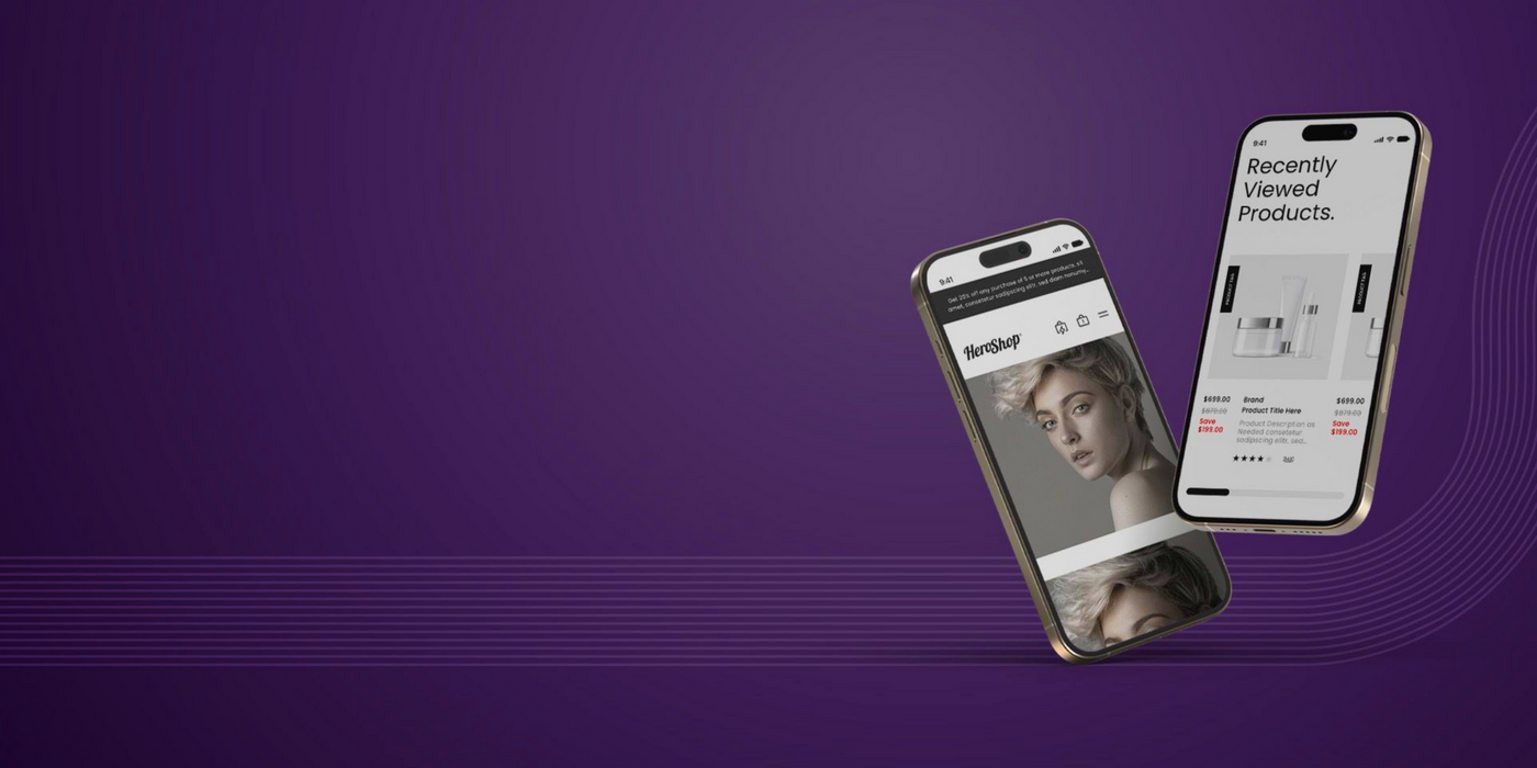HeroShop commerce platform shown on desktop and mobile