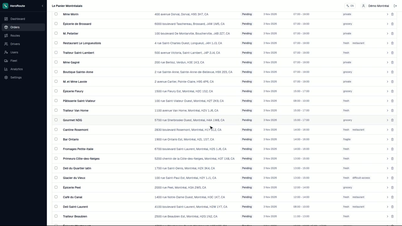 HeroRoute order list with delivery addresses and order details
