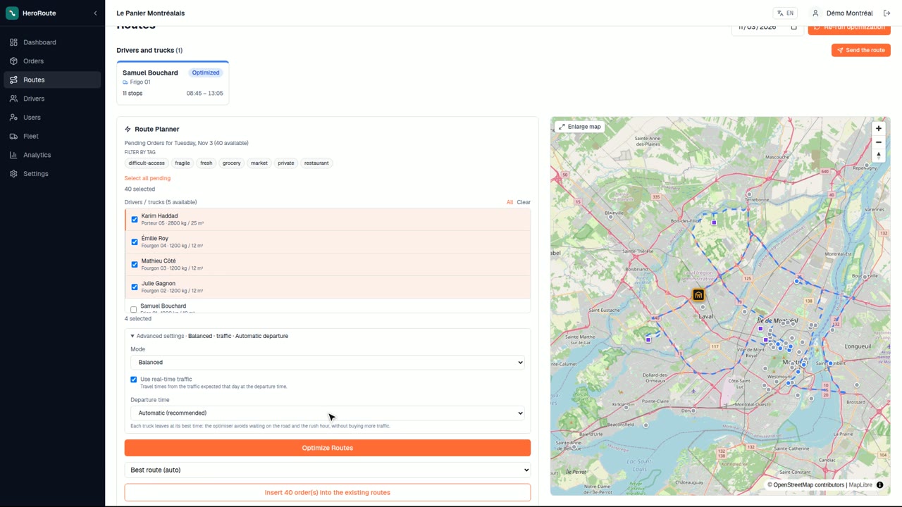 HeroRoute planning view with delivery stops and routes on a map