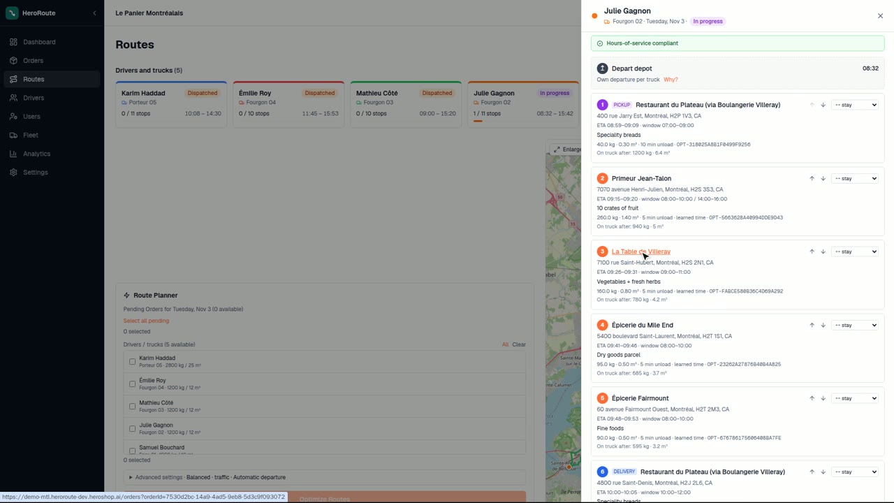 Planned routes and delivery progress in HeroRoute